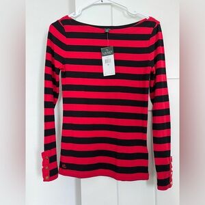 Lauren Ralph Lauren Red and Black Stripe Long-Sleeve Boatneck Top